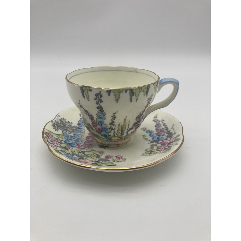 Vintage Foley Bone China Teacup Saucer Set Cottage Garden Foxglove Blue Handle
